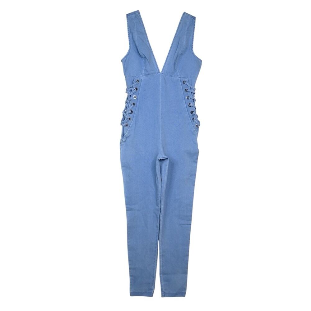 2BME Fashion Women's S Denim V Neck Jumpsuit
